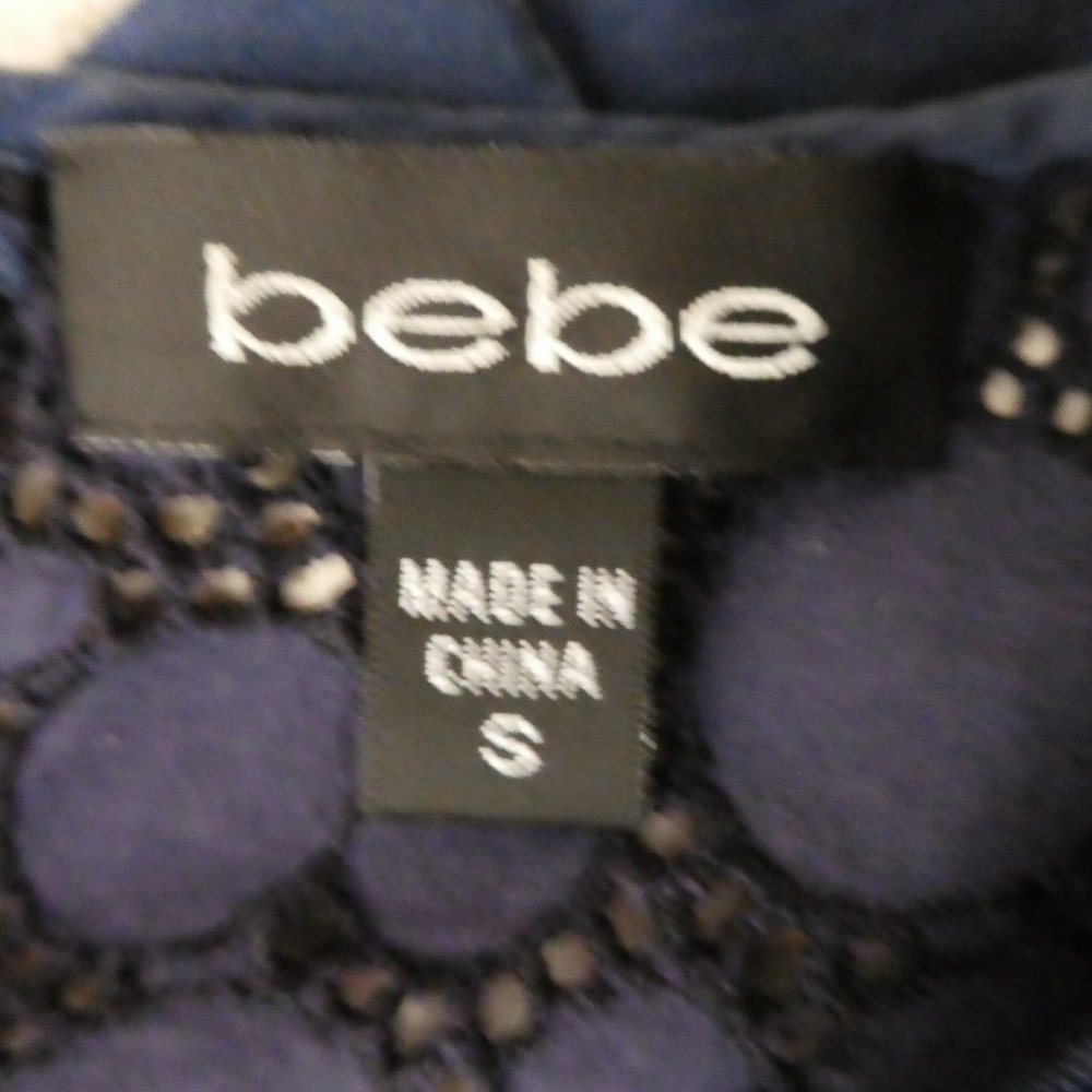 Y2K Bebe Navy Blue Top Satin Ruffles Sequins Lace Inset Side Zip Button Back S - Picture 10 of 10